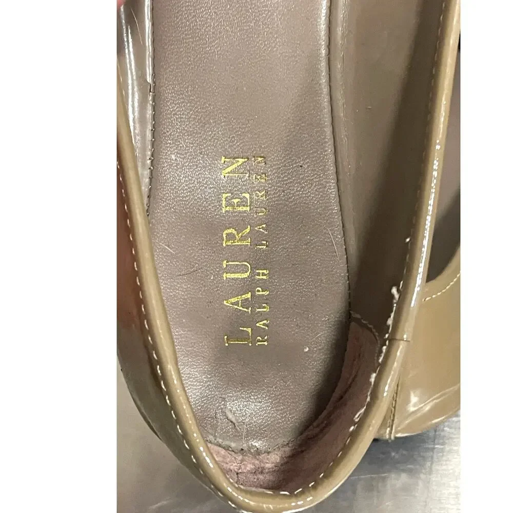 Lauren Ralph Lauren Patent Leather Tan Gold Flats Buckle Ballet Women's Sz 8.5